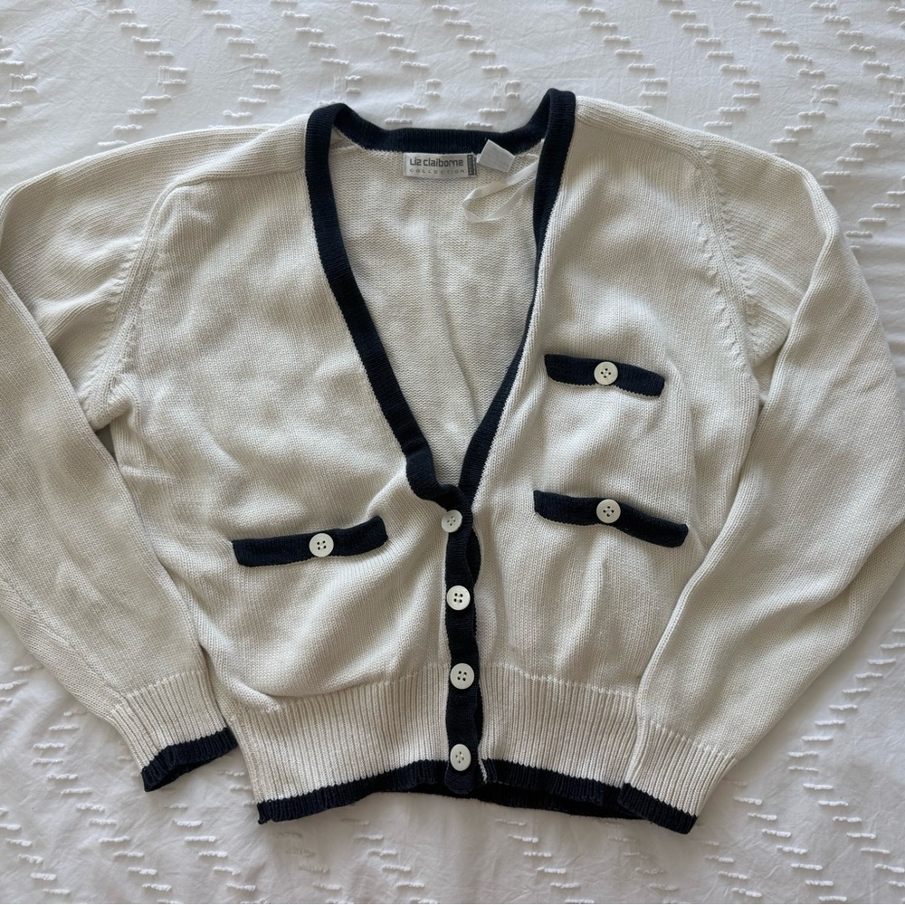 Liz Claiborne 100% Cotton Cream Cardigan with Black Trim